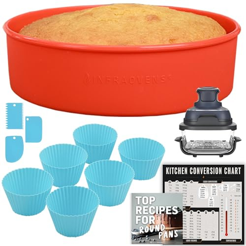 Air Fryer Baking Pan Set For Ninja Crispi 4qt & 6 Cup Glass Cooking System, Freezer, Airfryer Bakeware Sets with Cupcake Liners & Kitchen Conversion Chart, Nonstick Round Cake Molds for Baking
