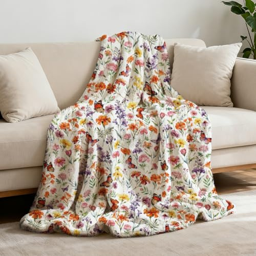 GLOBLELAND Wildflowers Throw 59x51 inch Butterflies Flannel Blanket Plant Washable Fuzzy Throw Blanket for Couch Chair Sofa Bed Dorm Bedroom Home Gift Wedding Christmas Anniversary