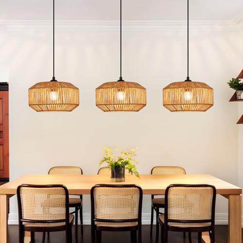Deboola Pendelleuchte Boho Hängelampe Rattan Lampe Hängend Höhenverstellbar | Hängeleuchte Esszimmer 3 flammig Esstischlampe Retro Design mit E27 Fassung für Schlafzimmer Wohnzimmer/Ohne Leuchtmittel