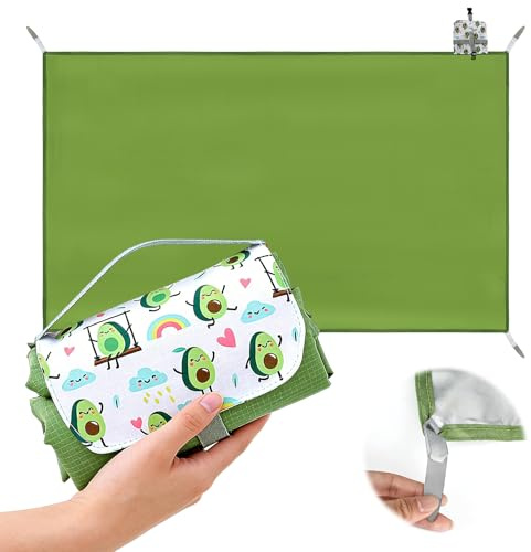Rzspher Picknickdecke 200 x 150 cm, Picknickdecke Wasserdicht mit Griffe und 4 Erdankern, Faltbare Picknickmatte Stranddecke Sandfrei für Picknick Camping Strand Wandern (Grün)