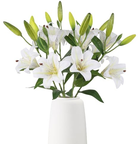 68cm Long Stem White Lilies Artificial Flowers 6PCS Real Touch Fake Lilies | 3D Lifelike 12 Head Fully Bloomed Lilies and 18 Bud Faux Silk Tiger Lilies Flower Stem for Wedding Home Cemetery Flower Decor