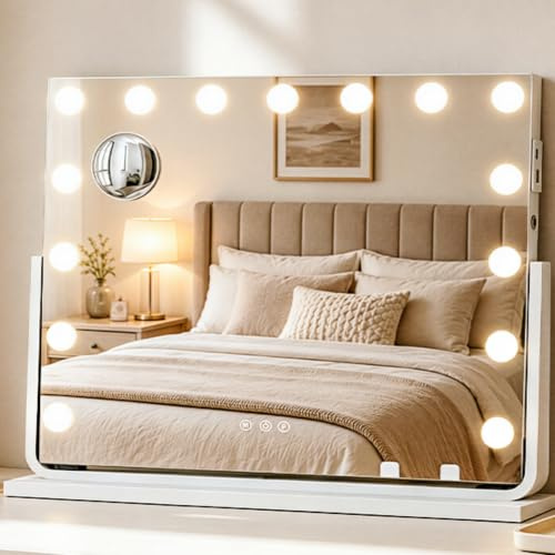 YITAHOME Espejo de Maquillaje con 18 LED y iluminación, Estilo Hollywood con Conexión USB y Tipo-C, 3 Temperaturas de Color Ajustables, Espejo Aumentador 10X y Soporte para Teléfono, 80x60 cm | Rotación de 360°, 3 Modos de luz regulables, Espejo Tocador con lupa 10x Desmontable, Puertos USB-A y Type-C,Soporte Teléfono