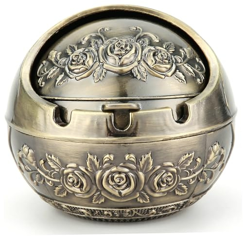 Bonalake Covered Ashtray With Lid, Windproof Outdoor Ashtray - Decorative Vintage Ash Tray For Balcony & Living Room, Bronze Metal Windproof Covered Ashtrays for Outside