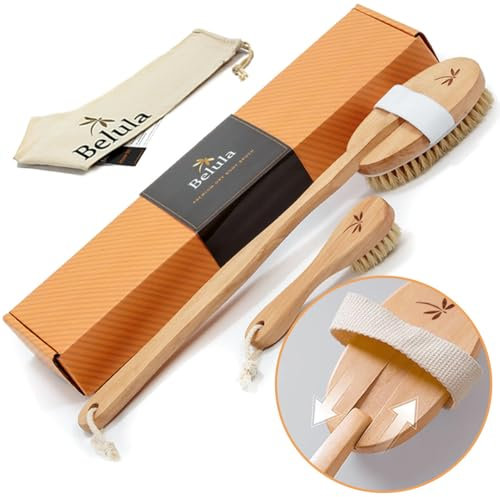 Belula Premium Dry Brushing Body Brush Set- Natural Boar Bristle BodyBrush, Exfoliating FaceBrush & One Pair Bath & Shower Gloves. Free Bag & How to – Great Gift for A Glowing Skin & Healthy Body