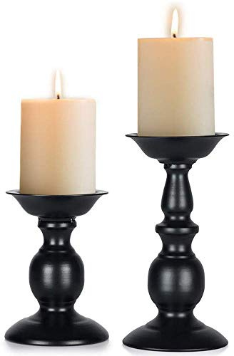 Nuptio Black Candle Holder for Pillar Candles - 2 Pcs Rustic Candle Holders Set Metal Candle Stand Tall Retro Fall Pillar Candleholder for Halloween Easter Farmhouse Fireplace Home Table Centerpiece