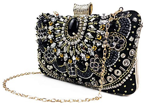 Zebrum Pochette de soirée de designer, sac à main de soirée, pochette de soirée pour portefeuille, porte-monnaie pour jeune femme - Noir - Perles noires,