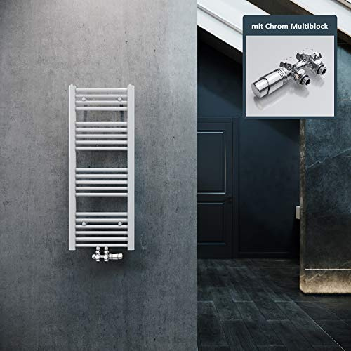 ELEGANT Heizkörper Bad 1000x400mm Weiß Badheizkörper Mittelanschluss Heizkörper Handtuchtrockner Handtuchwärmer mit Chrom Multiblock Thermostat