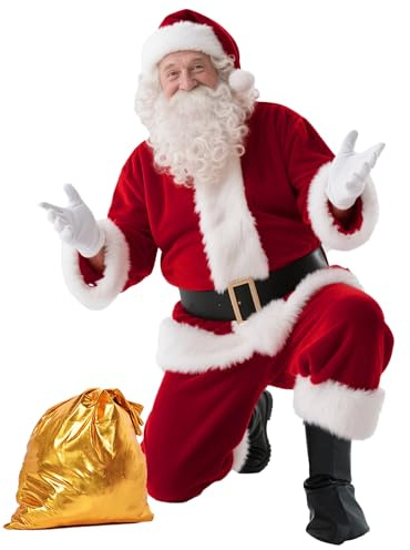 UDYR Santa Claus Costume for Men - 9PC Santa Suit Adults Men, Velvet Santa Outfit for Christmas Parties, Family Photos & Events (Dark Red)