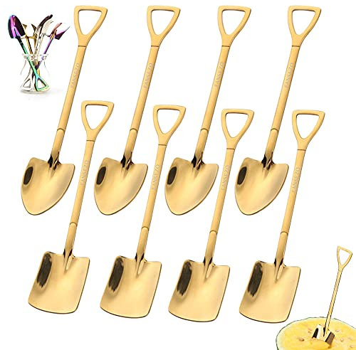 8 Stück 304 edelstahl Spatenlöffel, schaufelförmiger kreativer Schaufelnetz roter Löffel, Kaffeelöffel, Wassermelonenlöffel Milchtee Kaffee Kaffee Zuckerlöffel Eisdessertlöffel (Gold)