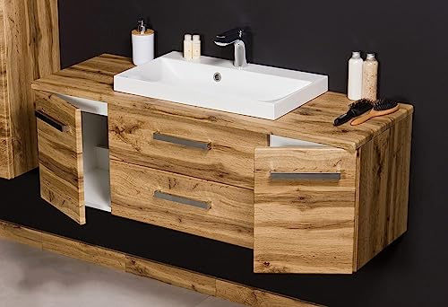 Quentis Badmöbelset Susan 120 cm Eiche Natur – Waschbecken, Waschtischplatte & Waschtischunterschrank – vormontiert – Badezimmermöbel