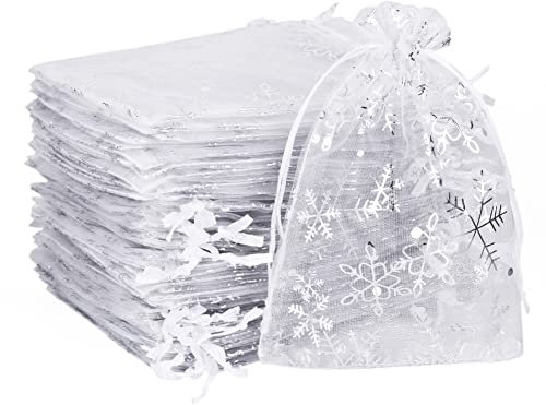 MAOOY 100 Stück 7X9 cm Organzasäckchen Weihnachten Weiß,Schneeflocke Organza Säckchen,Organza Beutel mit Kordelzug,Geschenksäckchen,Schmuckbeutel, Organzabeutel für Geschenk Weihnachten Deko