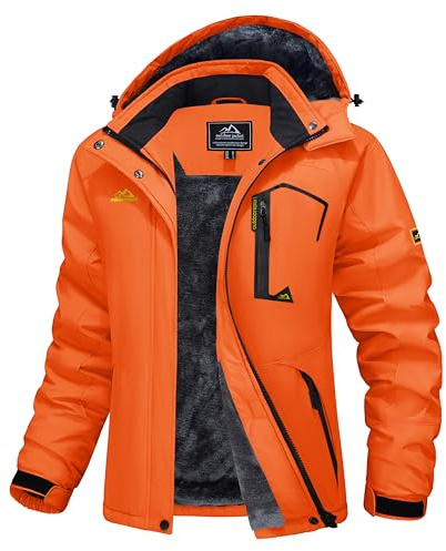 MAGCOMSEN Womens Fleece Lined Jackets Warm Winter Coats with Hood Ladies Snow Jackets Waterproof Insuated Orange M