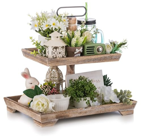 Hanobe Deko Tablett Etagere Holz: Braun Holztablett Groß Rechteckig mit 2 Ebenen Bauernhaus Dekotablett Vintage Shabby serviertabletts für Home Kaffeeecke Duschraum