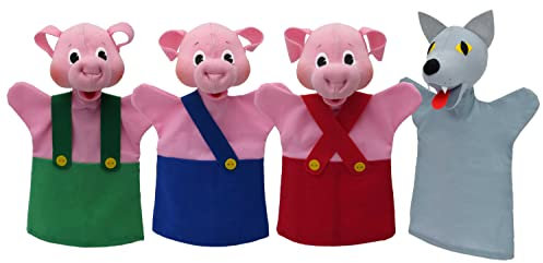 Set 4-Fach Handpuppe Tierhandpuppen DREI kleine Schweine & Wolf 26 cm, Mehrfarbig, für Kinder Jungen Mädchen Babys