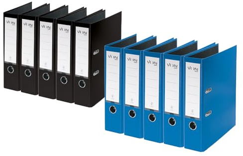 VON Leitz Ordner Set je 5 Stück in schwarz und blau, A4, Karton mit Kunststoffeinband, 80 mm Rückenbreite, Für 600 Blatt, FSC-zertifizierter Karton, Aktenordner