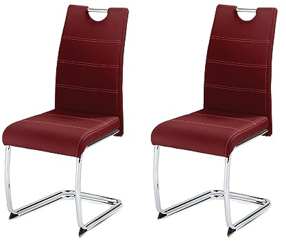 KHG 2er-Set Esszimmerstühle Schwingstuhl Polsterstuhl Küchenstuhl | Kunstleder rot, Designstuhl Sitzhöhe 48 cm, Freischwinger mit integriertem Griff, LED, für Esszimmer und Wohnbereich