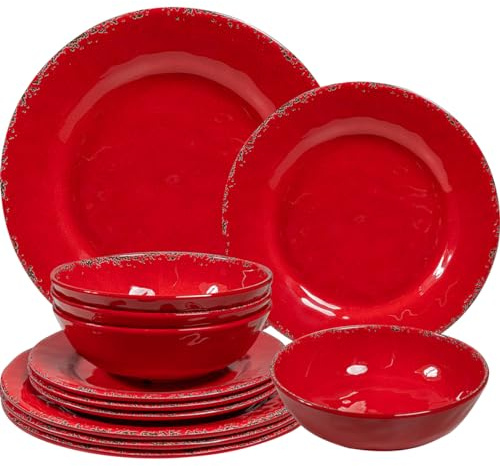 ZAROCRUS Juego de vajilla de melamina de 12 piezas, servicio para 4 platos y cuencos rústicos agrietados, juego de platos de melamina para Navidad, boda, juego de 4 platos de camping, rojo