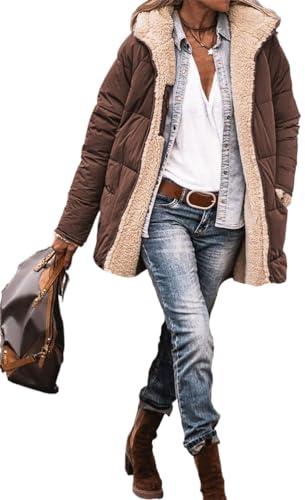 ORANDESIGNE Femme Manteaux Courte Chauds D'hiver Réversible Sherpa Polaire Longues Doudoune Vestes Bouffantes à Capuche Vêtements D'extérieur A Café XL