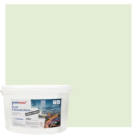 Preismaxx Profi Fassadenfarbe urban colors, bunte Außenfarbe, grün, pastellgrün, pastel green 2,5L, matte, wasserabweisende Aussen-Dispersion, hohe Wasserdampfdurchlässigkeit