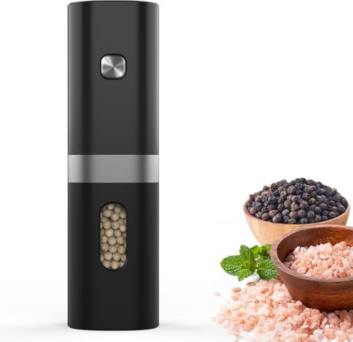 Syaws Electric Pepper and Salt Grinder 1 Pack,Battery Powered Pepper Grinders,Automatic Pepper Mill with LED Light,Adjustable Coarseness One-Hand Operation