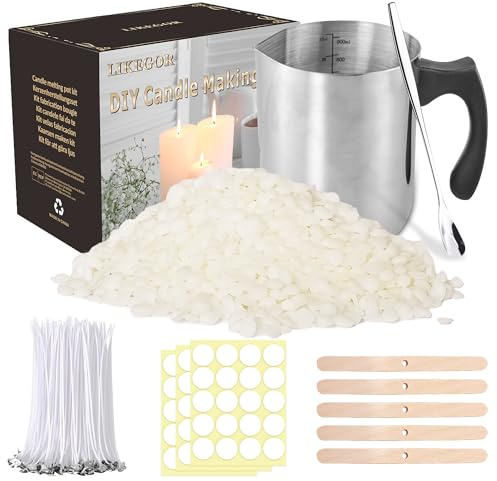 Aslanka Kit per la produzione di candele composto da un versatore per la produzione di candele da 900 ml, 1 kg di cera di soia naturale, 5 portastoppini in legno, 100 stoppini per candele.