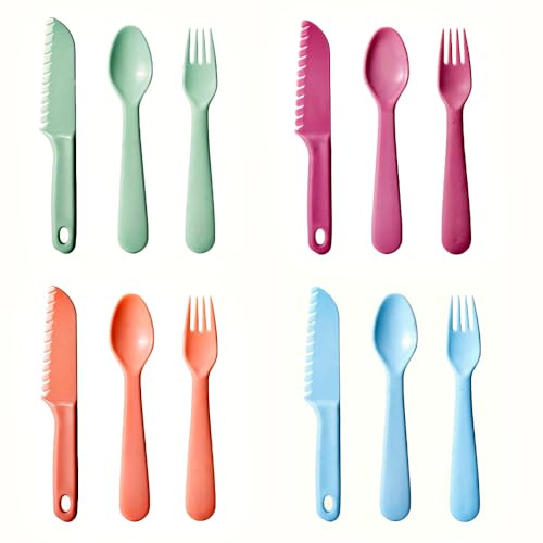 Kids Cutlery Set, 12pcs Plastic Utensils for Toddlers Real Cooking, Reusable Flatware Set with Nylon Serrated Knives, Fork and Spoon for Camping, Party, School Lunch Box (Macaron Colorful)
