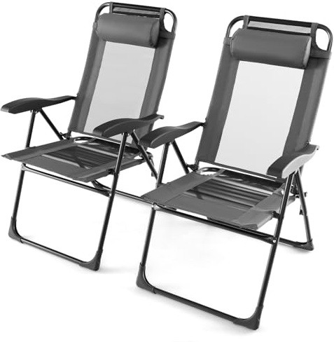 COSTWAY Lot de 2 Chaises de Jardin Pliantes, Chaise Inclinable de Terrasse avec Dossier Réglable à 7 Niveaux et Appui-Tête Amovible, Fauteuil d'Extérieur en Tissu Respirant, Charge 150 K, Gris