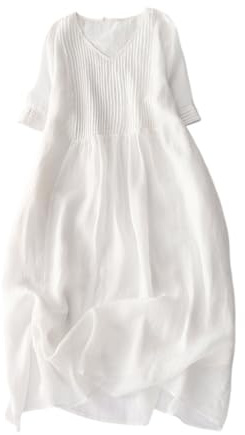 ORANDESIGNE Abito Lino Lungo Donna Scollo V Manica Corta Abito Midi Largo Leggero Estivo Vestiti Sciolto Mare Vestito Elegante Casual Tinta Unita Spiaggia Abiti Boho Vestito Lungo A Bianco XXL