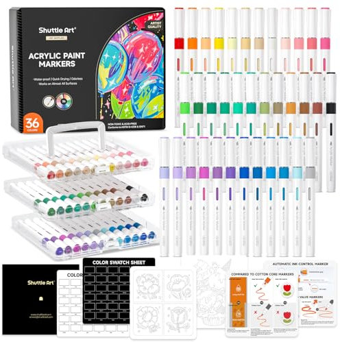Shuttle Art Automatic Ink Control Acrylic Paint Pens, 36 Colours Brush Tip Paint Marker Pens, Paint Pen for Rock Painting Ceramic, Wood, Fabric, Glass, Stone, Art Marker Pen Set for DIY & Art Supplies