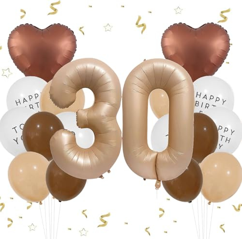 Feelairy jiao Luftballon 30. Geburtstag Frau Deko, Zahl 30 Braun Ballons 30 Creme, Ballons Beige Aprikose Kaffee Braun Herz Luftballons Happy Birthday für Geburtstagsdeko 30 Jahre Frau Party Deko