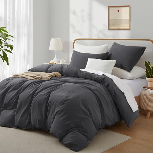Boqingzhu Baumwolle Bettwäsche 135x200cm Grau Anthrazit Einfarbig Uni Ästhetik Einzelbett Weich Renforce Bettwaren Bettbezug 135x200cm und 1 Kissenbezug mit Reißverschluss