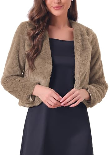 Allegra K Chaqueta Recortada para Mujer Abrigo de Invierno Bolero de Manga Larga con Frente Abierto de Piel Sintética Caqui oscuro L