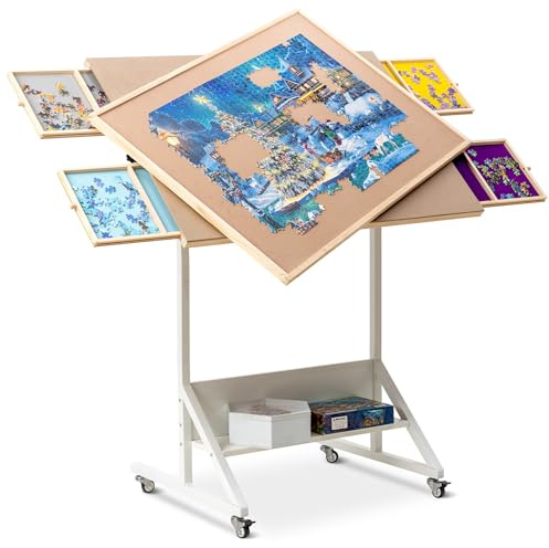 Becko US Tavolo puzzle inclinabile e rotante con cassetti e copertura, pieghevole e portatile, con regolazione dell'inclinazione e dell'altezza, facile da spostare, per puzzle da 1500 pezzi