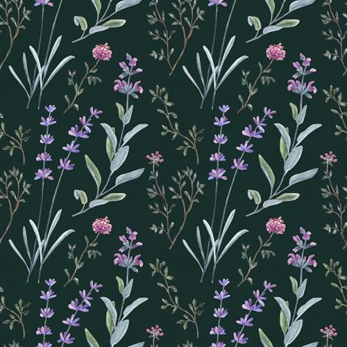 VaryFloral Papier peint à motif floral foncé à décoller et à coller – Papier peint à motif floral vert violet rose amovible vintage noir pour chambre à coucher – Papier contact botanique aquarelle –