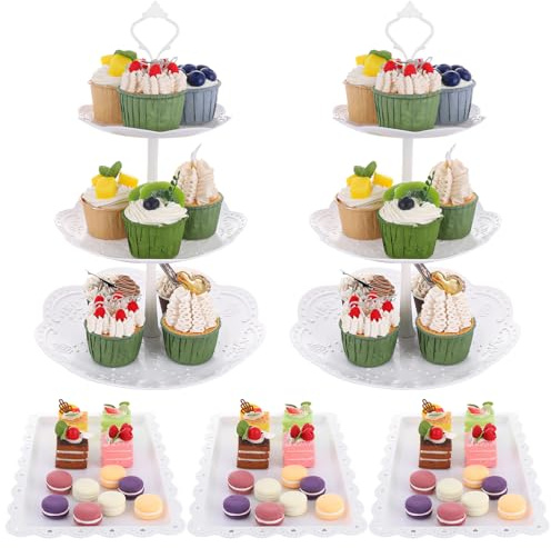 ASelected 5 Pcs 3 Tier Large Cupcake Stand, White Round and Square Cake Display Stand Plastic Cake Stand Afternoon Tea Stands Reusable Food Serving Platter Stand for Birthday, Wedding, Party