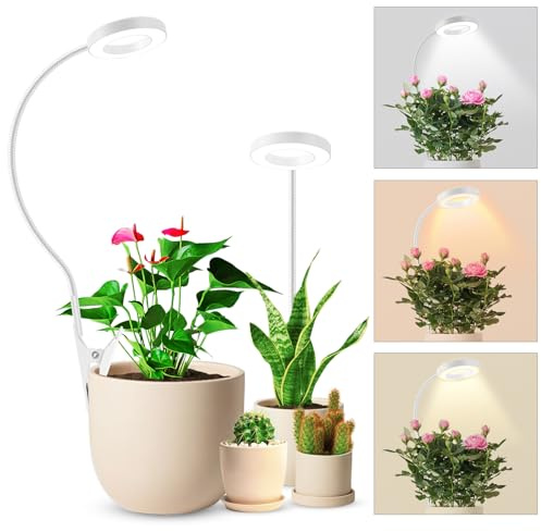 Pflanzenlampe LED Vollspektrum, Pflanzenlicht Pot Clip 6500K Grow Light | 3 Farbtemperatur LED Grow Lampe mit 360° Schwanenhals, zwei Installationsoptionen, 6/12/16H Timer, 5 Helligkeit Weiß 2 Stück