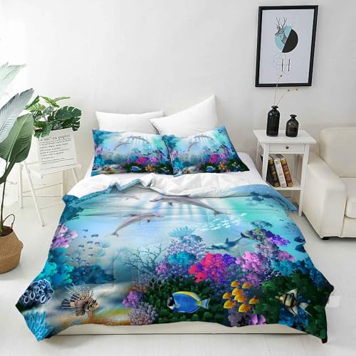 ANHOPE Parure de Lit Océan Tropical Poisson Dauphin 240x220 cm avec 2 Taies d'oreiller 65x65 cm Microfibre Housse de Couette avec Fermeture Éclair 3 Pièces Literie Toutes Saisons