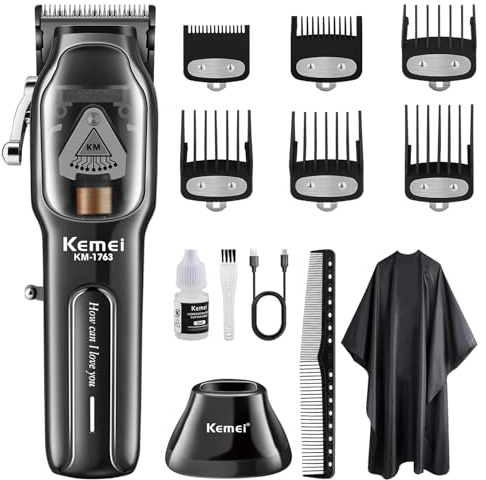 KEMEI 1763 - Cortapelos profesional para hombres, cortadora de pelo eléctrica inalámbrica, cuchillas DLC, motor turbo de 9000 rpm, recargable por USB hasta 180 minutos de uso