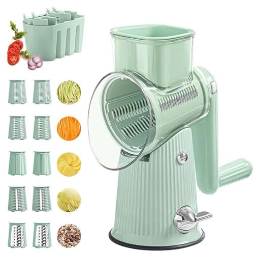 Ivyever Cheese Grater, Kitchen Artifact 5 in 1 Food Chopper, Le D Affaires 5 in 1 Cheese Grater, 5 in 1 Rotary Cheese Grater Vegetable Slicer with Handle, Manual Hand Crank Cheese Grater (Green)