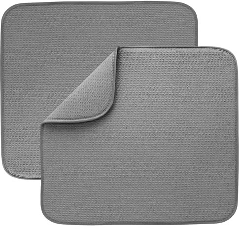 Microfibre Drying Mat for Kitchen Dish Drying Drainer Mat Absorbent Drying Mat Washing Up for Glass, Plate &Cup 40cm x 46 cm 2 Pack Grey