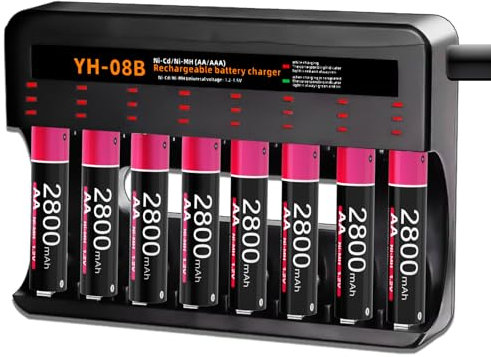 BOANV 8 Slots Chargeur Piles Rechargeable Charge Rapide pour AA AAA Rechargeable avec Port USB-C (8 Slots Chargeur+8AA)