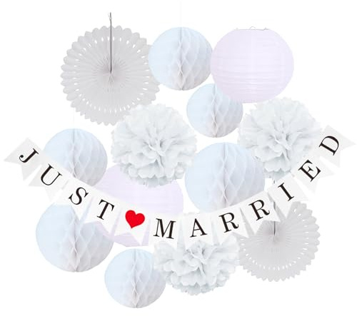 13 Stück Weiß Pompons Lampions Deko Set für Hochzeitsdeko Weihnachten Deko, Taufe Deko, Gartenparty, Kommunion Konfirmation Deko, Geburtstagsdeko, Papierblumen Seidenpapier mit Just Married Girlande