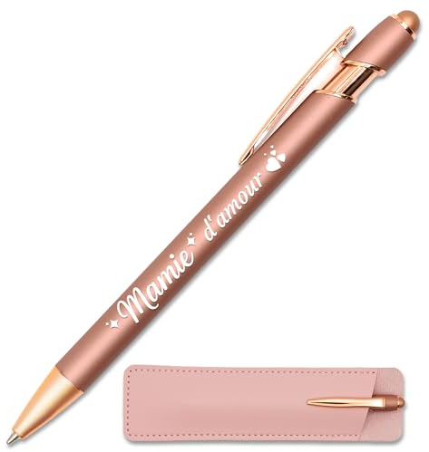 StarMaker Stylo gravé Mamie d'amour, Rose gold cuivré avec étui cuir - Stylo en métal tactile 2 en 1 - Idée cadeau fête des grands-mères original