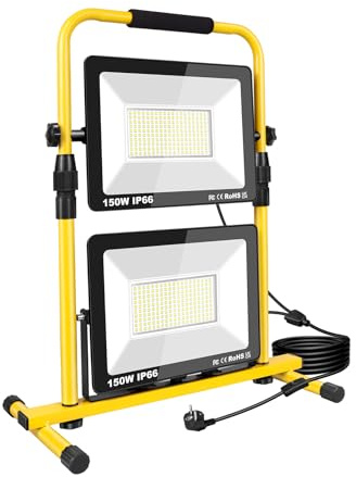 RIGIDON 2x 150W led baustrahler, 30000lm tragbarer led arbeitsscheinwerfer | 5 meter kabel, aufklappbarer 360°, strahler, arbeitsstrahler, 6000K, bauscheinwerfer, für werkstatt baustelle garage garten