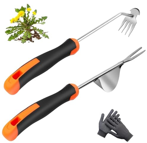 ANGKMA Weed Puller Tool， New Garden Weeder Tool Stainless Steel Hand Weeder Tool,4 Teethes Dual Purpose Weed Remover Tool Weeding Tools for Gardening(2PCS)