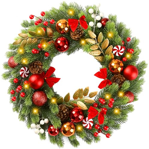 Sggvecsy 17 Inch Artificial Christmas Wreath for Front Door with 20 LED Lights Pine Needles Christmas Balls Red White Berries Pine Cones Bows Decoration for Winter Outdoor Wall Home Holiday Xmas Decor