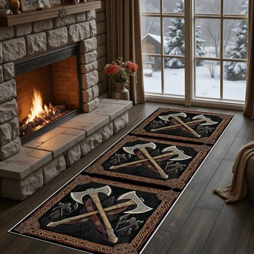 Meugesoi Wikinger Tomahawk Teppich Läufer rutschfest Waschbar 80x300 cm, Keltischer Knoten Flurteppich Küchenteppich Teppichläufer für Bettvorleger Wohnraum Flur Waschküche