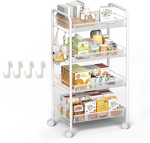 maxplore Carrello in metallo, 4 piani, carrello da cucina con manici, ruote bloccabili, per soggiorno, bagno, cucina, ufficio, bianco