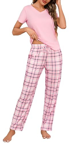 Bresdk Pigiama Donna Cotone Manica Corta Pigiami Due Pezzi da Donna Leggero Maglietta Manica Corta e Pantaloni Lunghi a Quadri Comodo e Morbido S-3XL