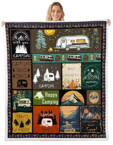 Homemissing Camping Decke 150x200cm für Jungen Mädchen Camper Kuscheldecke Happy Camping Wohndecke Wohnmobil Couchdecke Camping Gadgets Wohnmobil Wohndecke Für Kinder Thema Wald Adventure